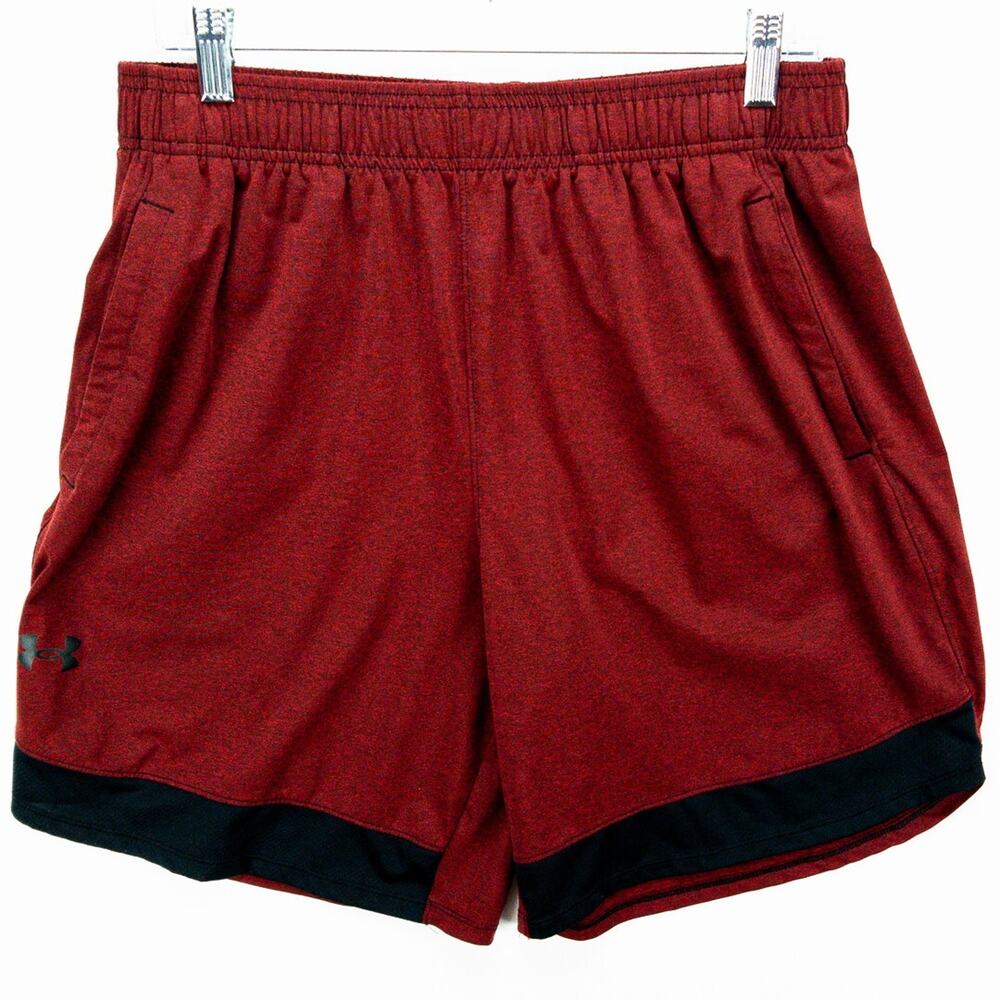 Under Armour Gym Shorts Mens Large Red Black Athletic Elastic Waist Drawstring